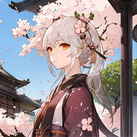 best quality,ultra high res,1girl,solo,upper body,sunlight,cherry blossoms,east asian architecture,
tsurime,expressionless,closed mouth,
white hair,orange eyes,side ponytail,hanfu,