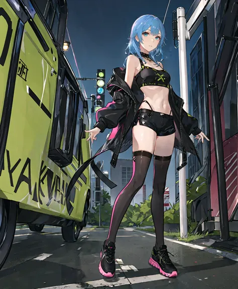 best quality,ultra high res,1girl,solo,full body,city,street,night,
blue hair,pink eyes,fashion,off shoulder,black thighhighs,bottomless,green oversized coat,black sneakers,