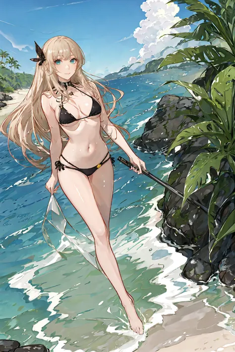 best quality,ultra high res,1girl,solo,full body,sea,bikini,beach,