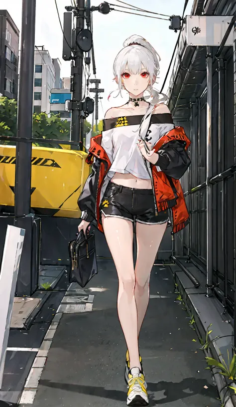 best quality,ultra high res,1girl,solo,full body,JK,ponytail,white hair,red eyes,expressionless,off shoulder,sneakers,short shorts,street,city,