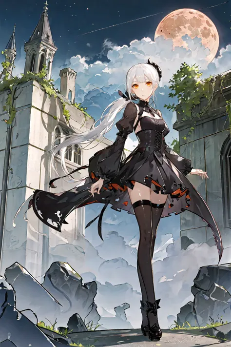 best quality,ultra high res,1girl,solo,full body,
ruins,dark sky,shadow,gothic architecture,moon,
white hair,side ponytail,orange eyes,tsurime,expressionless,