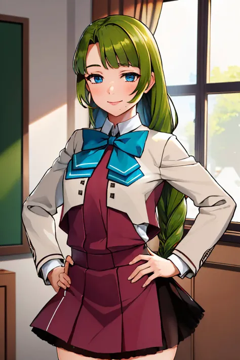 (masterpiece, best quality:1.2), <lyco:kancolle_yuugumokaini-10:1.0>, cowboy shot, solo, 1girl, yuugumo kai ni, smile, closed mouth, looking at viewer, hand on hip, single braid, school uniform, blazer, halterneck, bowtie, long sleeves, grey thighhighs