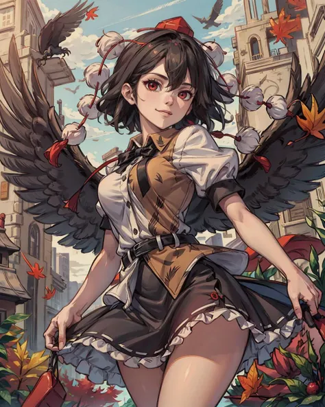 <lora:shameimaru:1>, 1girl, autumn_leaves, bangs, belt, bird_wings, black_bow, black_bowtie, black_feathers, black_hair, black_neckwear, black_ribbon, black_skirt, black_wings, bow, bowtie, breasts, camera, cowboy_shot, crow, feathered_wings, feathers, geta, hair_between_eyes, hat, hauchiwa, leaf, leaf_print, long_hair, looking_at_viewer, low_wings, medium_breasts, miniskirt, petticoat, pom_pom_\(clothes\), puffy_short_sleeves, puffy_sleeves, red_eyes, red_headwear, ribbon, shameimaru_aya, shirt, short_sleeves, skirt, smile, solo, spread_wings, standing, tassel, tengu, tengu-geta, thighs, tokin_hat, white_shirt, wings, <lora:add_detail:0.25>, masterpiece, best quality