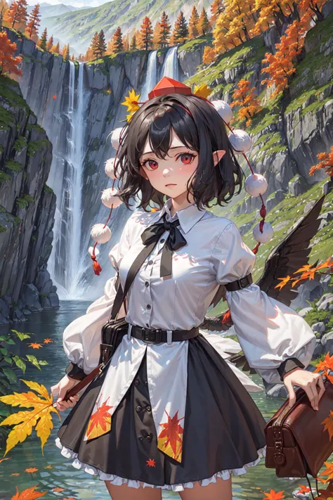 (masterpiece, top quality, best quality, official art, beautiful and aesthetic:1.2), (1girl:1.3), extreme detailed, colorful,highest detailed,illustrations, artistic fusion,fantastical scenes,striking visuals,
aya-a,hat,camera, <lora:shameimaru:0.9>,
autumn, autumn_leaves,falling_leaves, inubashiri_momiji, lake, leaf, leaf_background, leaf_hair_ornament, leaf_print, maple_leaf, nature,outdoors,waterfall,