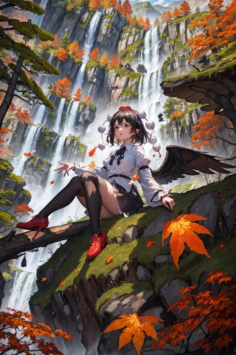 (masterpiece, top quality, best quality, official art, beautiful and aesthetic:1.2), (1girl:1.3), extreme detailed, colorful,highest detailed,illustrations, artistic fusion,fantastical scenes,striking visuals,
aya-a,hat, <lora:shameimaru:0.9>,
autumn, autumn_leaves,falling_leaves, leaf, leaf_background, leaf_print, maple_leaf, nature,outdoors,waterfall, flying
