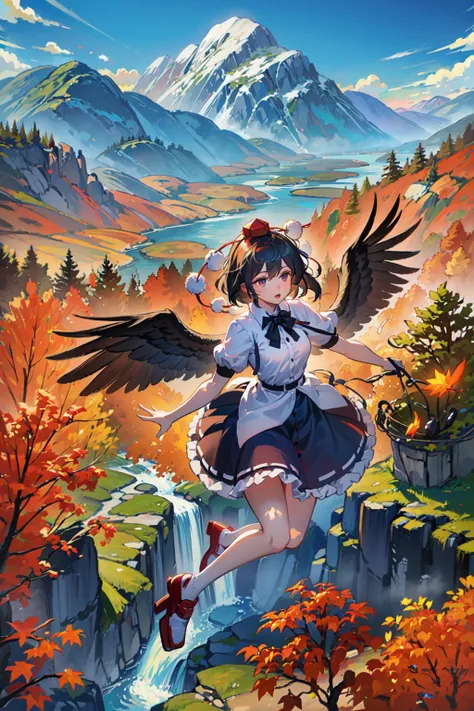 (masterpiece, top quality, best quality, official art, beautiful and aesthetic:1.2), (1girl:1.3), extreme detailed,
aya-a,hat, <lora:shameimaru:1>,
autumn, falling_leaves, maple, rocks, mountains, waterfall,nature,outdoors,flying