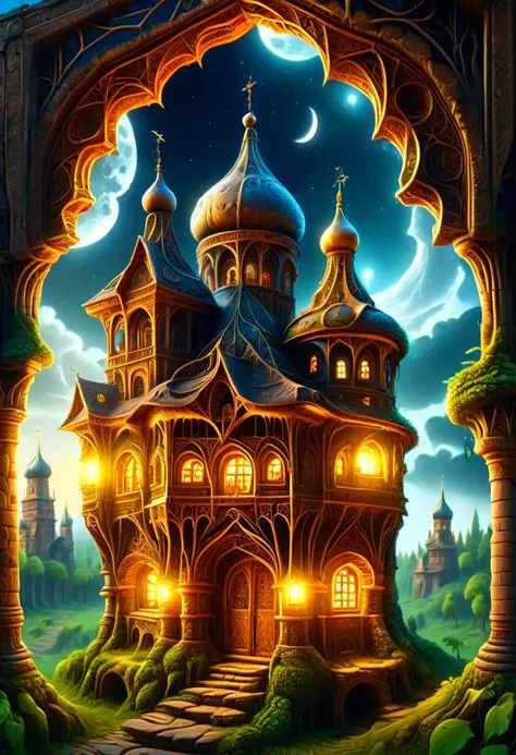 Ultra realistic, RTX, ray tracing, amazing quality, masterpiece, best quality, hyper detailed, ultra detailed, UHD, depth of field, Russian village house on pillars stands in the middle of a forest edge, night, the moon is shining brightly, tower, a medieval tract linking elegies and cognomen, birds, animals