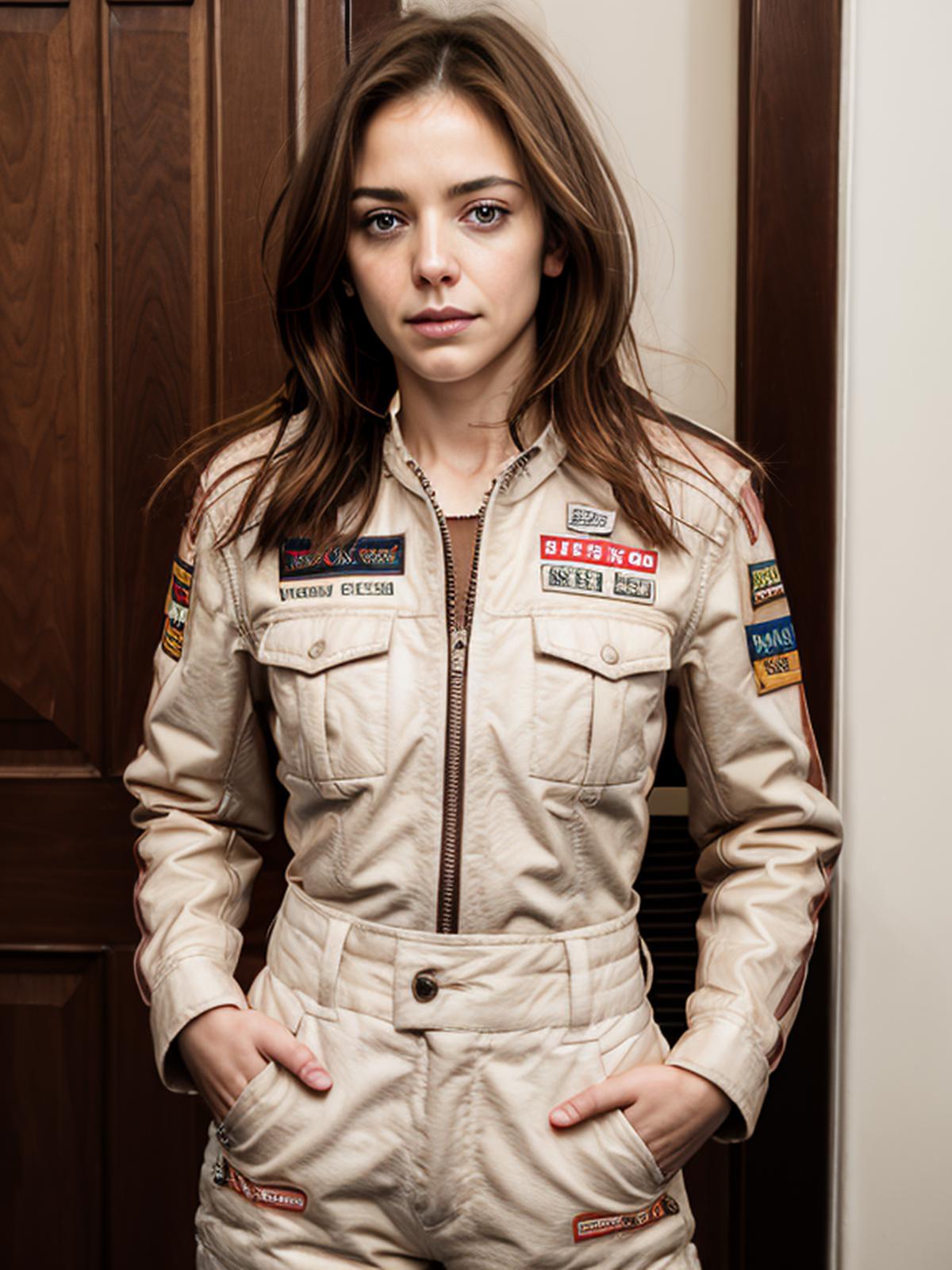 Arafed woman in a beige uniform standing in front of a door - SeaArt AI