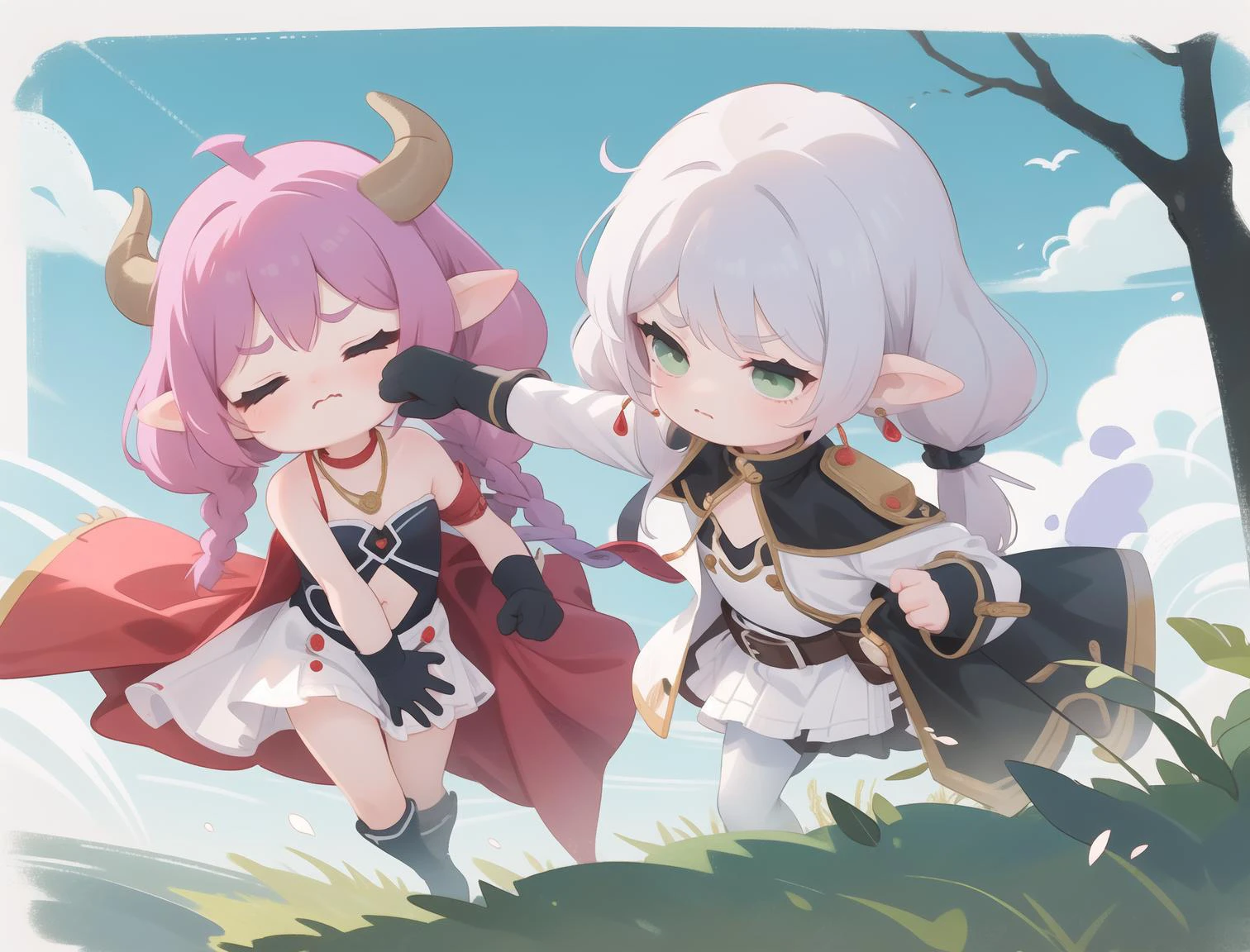 a girl punching other on the face BREAK
<lora:AuraFrieren:.6> AuraFrieren, horns, twin braids, necklace, strapless shirt, navel cutout, white skirt, red waist cape, elbow gloves, thigh boots,><, closed eyes, scream, frown, full-face blush,D: BREAK
<lora:Frieren:0.6> Frieren, twintails, earrings, FrierenBase, twintails, earrings, white capelet, striped shirt, white skirt, long sleeves, belt, black pantyhose, white hair, green eyes, frown