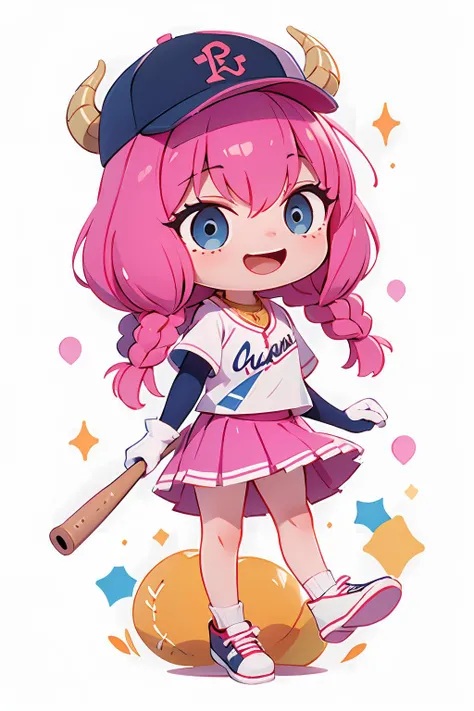 <lora:CHAR-AuraFrieren:1> AuraFrieren, pink hair, horns, twin braids, necklace, baseball cap, black hat, baseball tshirt, white gloves, (pink skirt:1.3), pleated skirt, white sneakers, smile, open mouth, baseball bat, baseball field, (jumping:1.1), <lora:blindbox_v1_mix:0.55> full body, chibi,, best quality, masterpiece, ultra high res, high detail,