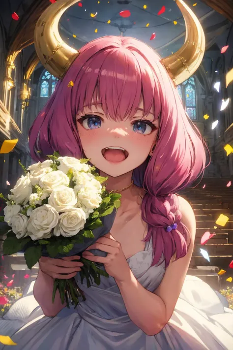 (masterpiece, best quality, ultra detailed), (detailed background, complex background:1.2), (perfect face, detailed face), full-face , fang, open mouth, smirk
, ,1girl, horns, solo, pink hair,, braid, twin braids, , blue eyes, <lora:AuraFrieren:1>, church, holding bouquet, tears, (confetti:1.1), smile, open mouth, white dress, wedding dress, church, holding bouquet, tears, (confetti:1.1), smile, open mouth,
