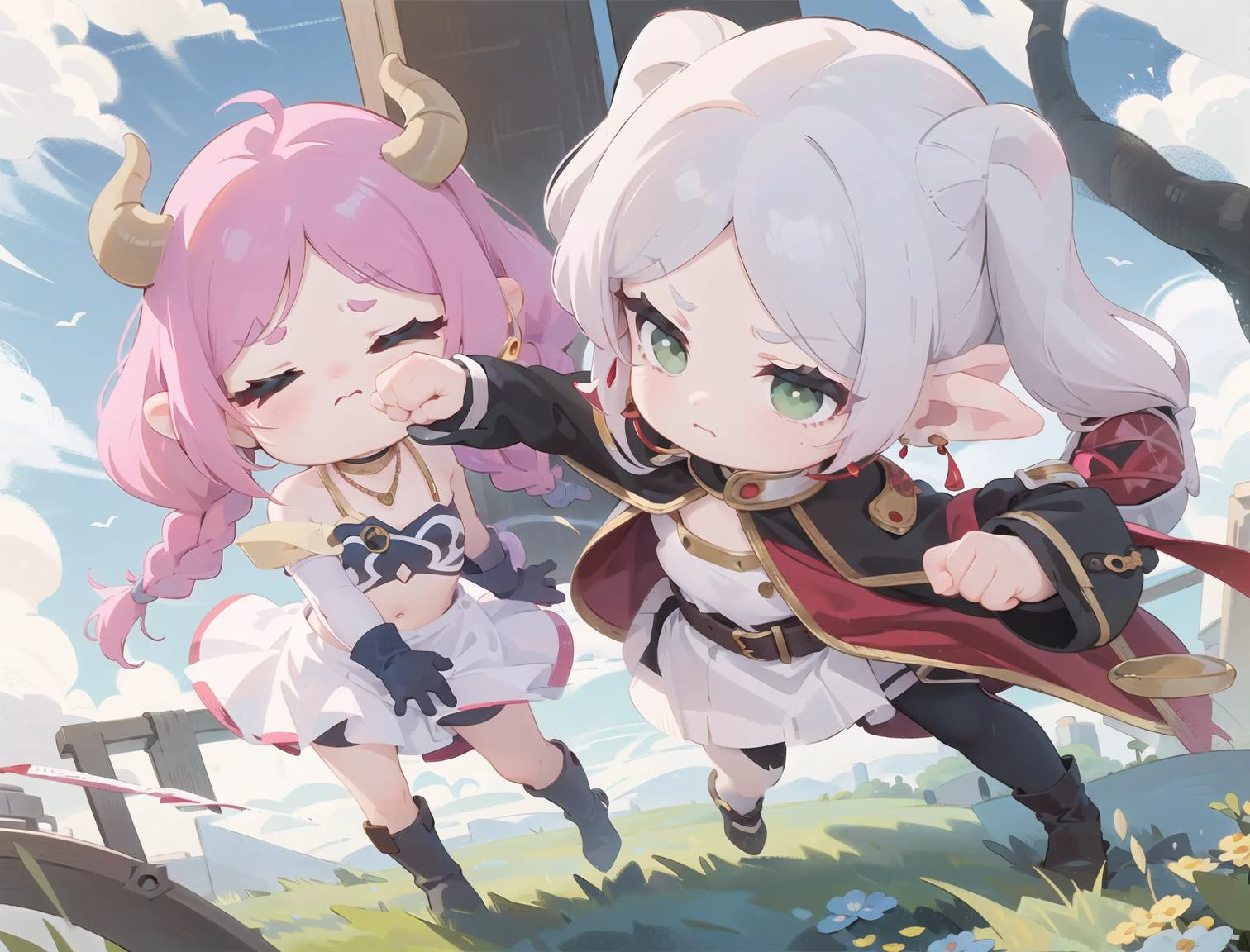 a girl punching other on the face BREAK
<lora:AuraFrieren:.6> AuraFrieren, horns, twin braids, necklace, strapless shirt, navel cutout, white skirt, red waist cape, elbow gloves, thigh boots,><, closed eyes, scream, frown, full-face blush, BREAK
<lora:Frieren:0.6> Frieren, twintails, earrings, FrierenBase, twintails, earrings, white capelet, striped shirt, white skirt, long sleeves, belt, black pantyhose, white hair, green eyes, frown