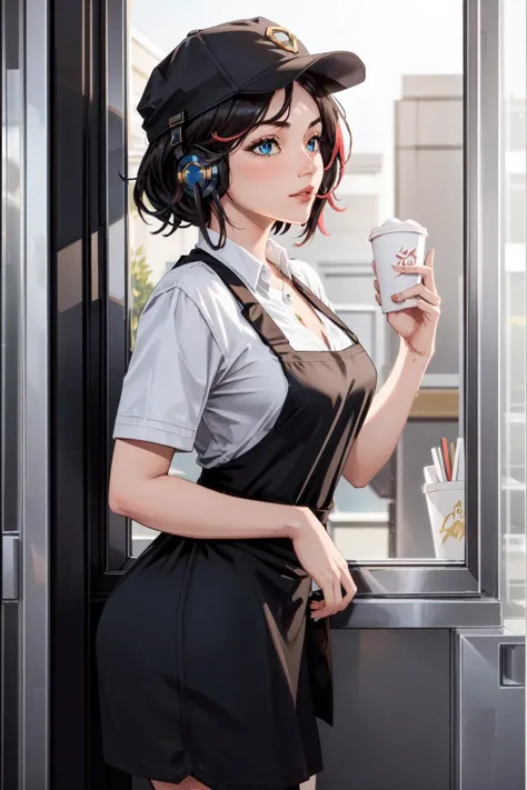 best quality, intricate details,
1girl, <lora:Fiora3in1V5-000014:0.8> fiora \(league of legends\), headmistress fiora,
<lora:Drive-Thru Window Operator:0.8> Inside the drive-thru window, drive-thru window, headset, apron, cap, cap hat,