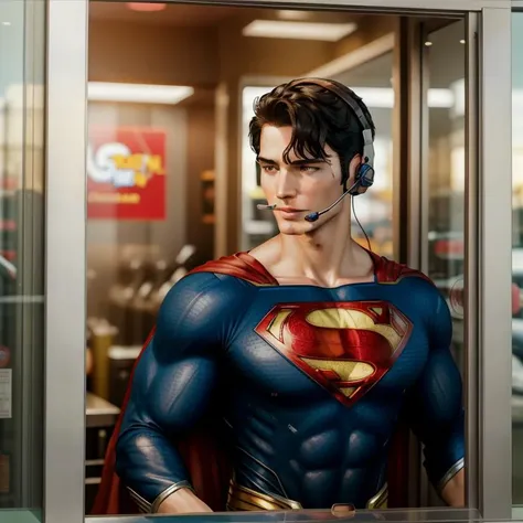 Superman, inside the drive-thru window, headset, high quality<lora:Drive-Thru Window Operator:0.71>