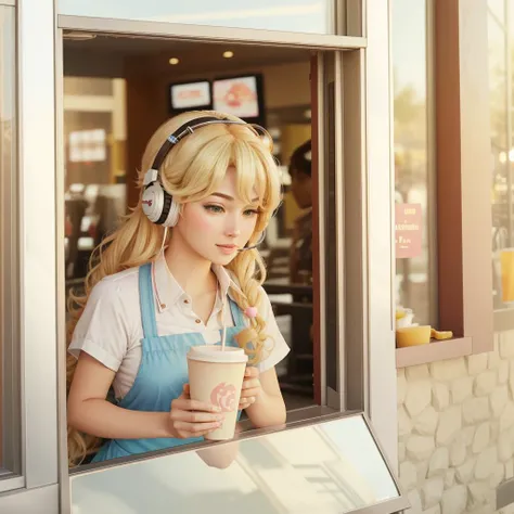 Princess Peach, blonde hair, inside the drive-thru window, headset, high quality, holding a cup of coffee<lora:Drive-Thru Window Operator:0.71>