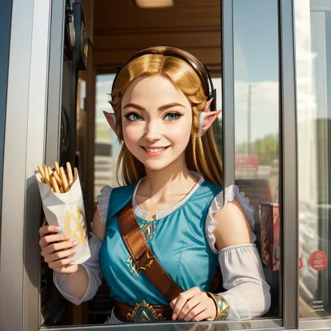 ((Princess Zelda)) in the drive-thru window, smiling, wearing royal clothes, close-up, wearing a headset, holding out a bag of fries<lora:Drive-Thru Window Operator:0.7>