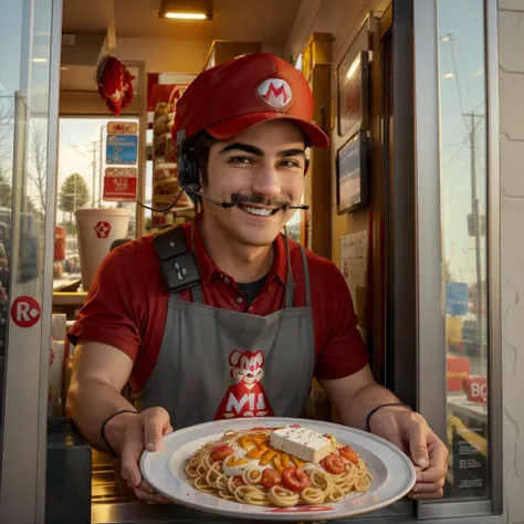 Mario in the drive-thru window, red cap hat, smiling, close-up, wearing a headset, (holding out a plate of spaghetti)<lora:Drive-Thru Window Operator:0.7>