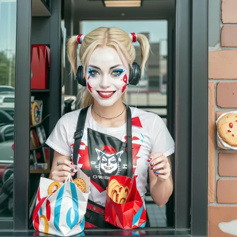 Harley Quinn in the drive-thru window, white face make-up, smiling, close-up, wearing a headset, ((holding a bag of fast food))<lora:Drive-Thru Window Operator:0.6>