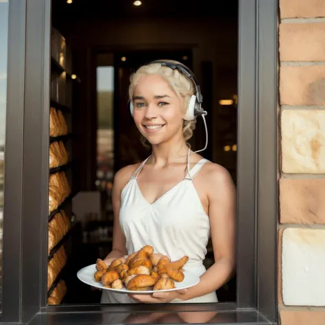 Daenerys Targaryen in the drive-thru window, smiling, wearing white clothes, medieval brick wall, close-up, wearing a headset, ((holding a plate of chicken wings))<lora:Drive-Thru Window Operator:0.6>