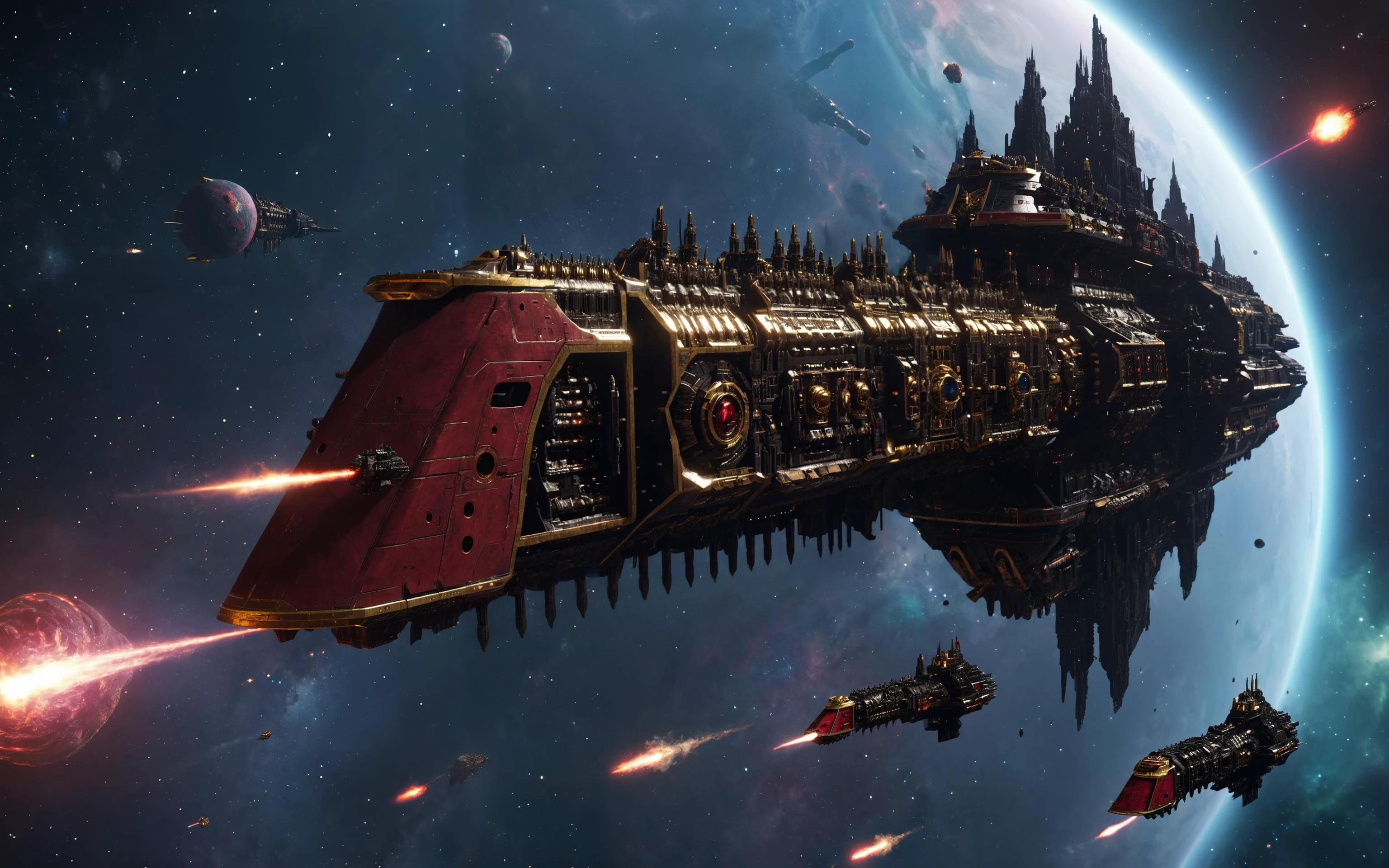 space battle scene, impstarship in space, gigantic imperial cruiser of gothic design, black hull, gold trim, crimson details, in orbit of an alien planet, firing cannons, firing lasers. imerial insignia, imperium of man, warhammer 40k.
surreal fantastical space background, galaxy, maelstrom, (vortex, tentacles, tendrils:1.2), (glowing colorful starry nebula:1.3). dynamic composition in the style of dystopian dark sci-fi, intricate detail, incredible detail, intricate, masterpiece, movie poster, cinematic lighting, depth of field, bokeh, film grain, 4k uhd, lens flare, dramatic,
<lora:Imperial_Navy_-_Warhammer_40000_SDXL:0.75> <lora:add-detail-xl:0.7>