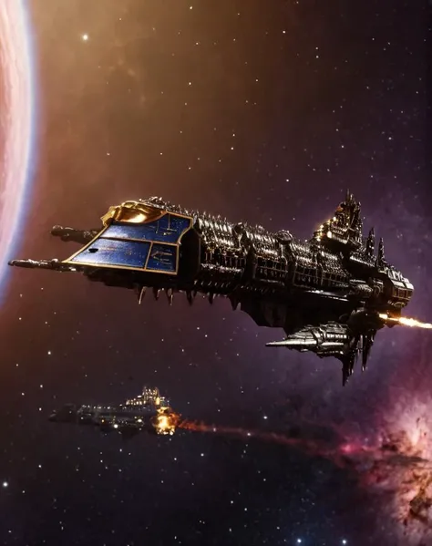 SDXL_Realism_Zip, <lora:Imperial_Navy_-_Warhammer_40000_SDXL:1> impstarship battleship flying in deep space in front of a nebula, a massive burning star in the background