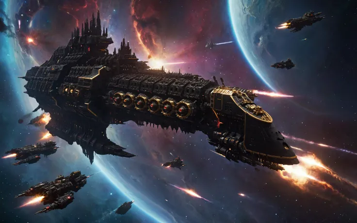 space battle scene, impstarship in space, gigantic imperial cruiser of gothic design, spaceships in battle formation, black hull, gold trim, crimson details, in orbit of an alien planet, firing cannons, firing lasers. imperial insignia, imperium of man, warhammer 40k.
surreal fantastical space background, galaxy, maelstrom, (vortex, tentacles, tendrils:1.2), (glowing colorful starry nebula:1.3). dynamic composition in the style of dystopian dark sci-fi, intricate detail, intricate, masterpiece, movie poster, cinematic lighting, depth of field, bokeh, film grain, 4k uhd, lens flare, dramatic, motion blur, contrail, jet engine, letitflrsh
<lora:Imperial_Navy_-_Warhammer_40000_SDXL:0.75> <lora:add-detail-xl:0.7> <lora:- SDXL - letitflrsh_let_it_flourish_V1.0:0.7>