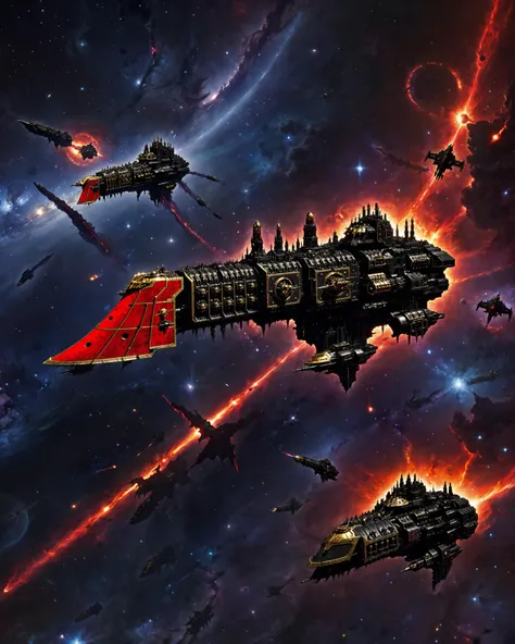 space battle scene, impstarship in space, gigantic imperial cruiser of gothic design, black hull, gold trim, red details, in orbit of an alien planet, firing cannons, firing lasers. imerial insignia, imperium of man, warhammer 40k.
surreal fantastical space background, galaxy, maelstrom, (vortex, tentacles, tendrils:1.2), (glowing colorful starry nebula:1.3). dynamic composition in the style of dystopian dark sci-fi, intricate concept art, illustration, incredible detail, intricate, masterpiece, movie poster
<lora:Imperial_Navy_-_Warhammer_40000_SDXL:0.9> <lora:add-detail-xl:0.7>
