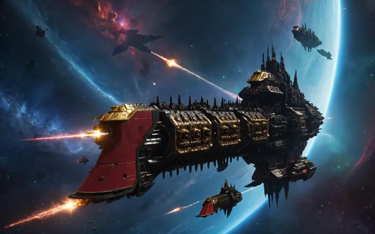 space battle scene, impstarship in space, gigantic imperial cruiser of gothic design, spaceships in battle formation, black hull, gold trim, crimson details, in orbit of an alien planet, firing cannons, firing lasers. imperial insignia, imperium of man, warhammer 40k.
surreal fantastical space background, galaxy, maelstrom, (vortex, tentacles, tendrils:1.2), (glowing colorful starry nebula:1.3). dynamic composition in the style of dystopian dark sci-fi, intricate detail, intricate, masterpiece, movie poster, cinematic lighting, depth of field, bokeh, film grain, 4k uhd, lens flare, dramatic, motion blur, contrail, jet engine, letitflrsh
<lora:Imperial_Navy_-_Warhammer_40000_SDXL:0.75> <lora:add-detail-xl:0.7>  <lora:- SDXL - letitflrsh_let_it_flourish_V1.0:0.7>