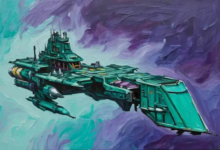 oil painting of a teal green and purple impstarship frigate, <lora:Imperial_Navy_-_Warhammer_40000_SDXL:0.7>,painting,simple background,impressionist style