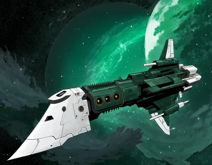 japanese rpg concept art style,digital painting,digital illustration,a dark green and white impstarship ship in front of a twisted nebula,in outer space,solo,side view,crudely built appearance, <lora:Imperial_Navy_-_Warhammer_40000_SDXL:0.8>