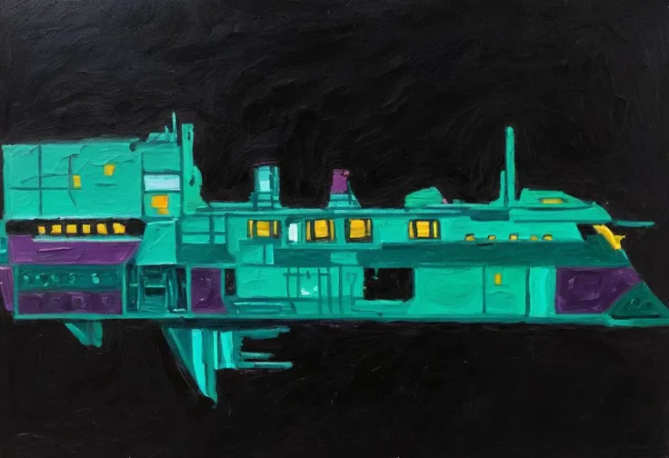 oil painting of a teal green and purple impstarship frigate, <lora:Imperial_Navy_-_Warhammer_40000_SDXL:0.85>,painting,simple background,impressionist style,black background
