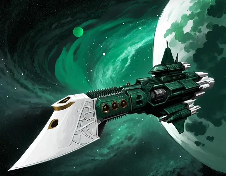 japanese rpg concept art style,digital painting,digital illustration,a dark green and white impstarship ship in front of a twisted nebula,in outer space,solo,side view,ornate, <lora:Imperial_Navy_-_Warhammer_40000_SDXL:0.8>