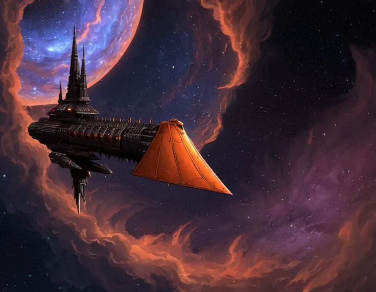 japanese rpg concept art style,digital painting,digital illustration,a dark orange impstarship ship with a cathedral on top in front of a twisted nebula,in outer space,solo,side view,heavy armor, <lora:Imperial_Navy_-_Warhammer_40000_SDXL:0.8>