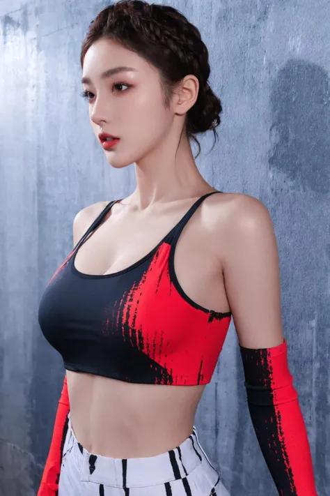 <lora:HQr4v3:0.7>, HQr4v3, red and black, crop top, bikini bottoms, elbow gloves, best quality, masterpiece, illustration, realistic, photo-realistic, amazing, finely detail, incredibly absurdres, huge filesize, ultra-detailed, highres, extremely detailed CG unity 8k wallpaper, nsfw, A beautiful young woman with Korean-style facial features resembling a popular actress is wearing a red and black crop top and high-waisted bikini bottoms with matching geometric patterns. She has brown hair that is styled in a wavy, voluminous style. The top of the outfit features a low-cut neckline with thin shoulder straps. She is also wearing a pair of elbow-length sleeves that are separate from the crop top. The sleeves are made of the same red and black fabric as the rest of the outfit and have a geometric pattern. She is wearing black eyeshadow and blush. The background is an art-graffiti wall with colorful spray paint designs. The photo is taken from a close-up perspective, emphasizing her cleavage.