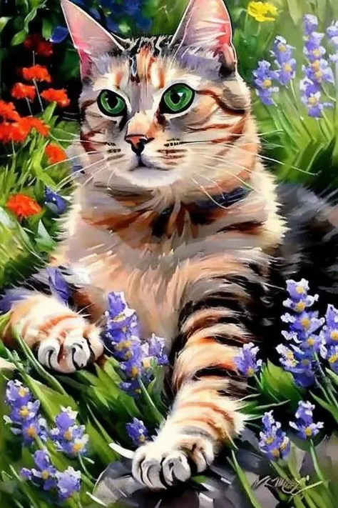 masterpiece, award winning, by Michael & Inessa Garmash,Ruan Jia, Pino Daeni, chunie, darkgem, detailed painting of (nkoctst) cat in the garden, surrounded by lavender flowers, intricate detail, detailed short fur, high quality, detailed bright green eyes