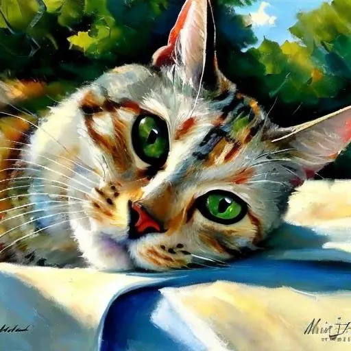 masterpiece, award winning, by Michael & Inessa Garmash,Ruan Jia, Pino Daeni, chunie, darkgem, clouds in background, closeup detailed painting of nkoctst cat looking up at the sky, intricate detail, detailed short fur, high quality, amidst the clouds, green eyes, skinny