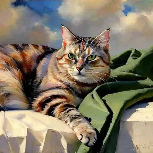 masterpiece, award winning, by Michael & Inessa Garmash,Ruan Jia, Pino Daeni, chunie, darkgem, clouds in background, closeup detailed painting of nkoctst cat looking up at the sky, intricate detail, detailed short fur, high quality, amidst the clouds, green eyes, skinny