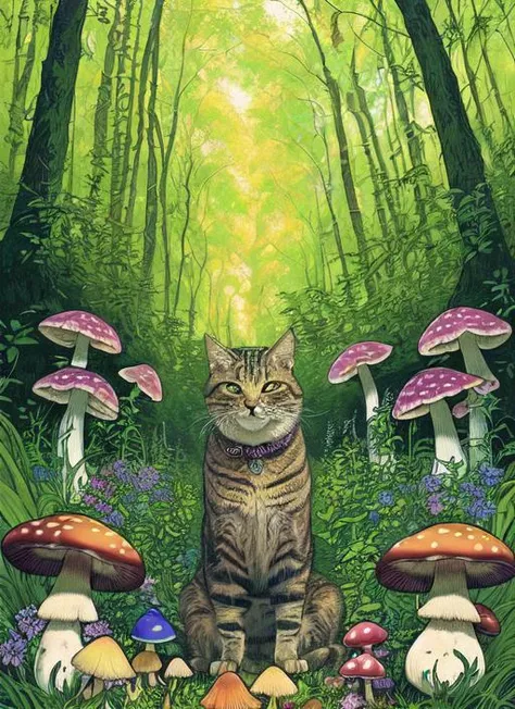 A portrait of a nkoctst surrounded by colorful mushrooms, art by sam spratt, dan mumford, artem demura and alphonse mucha, psychedelic, alex grey, sitting in a forest, green eyes