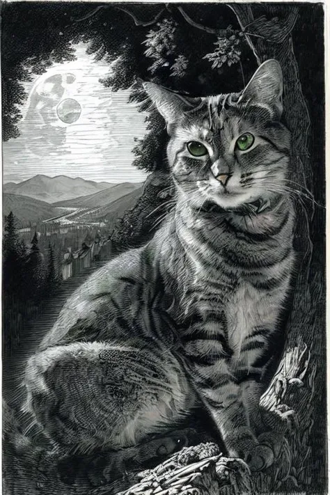 A (nkoctst) cat looks from a mountaintop, mountains, gorgeous view, velly distant forest, distant city, distant glow, night, moon, dramatic light, chiaroscuro, long shadows, dark, masterpiece, high detail, detailed, illustration by paul gustave dor, green eyes