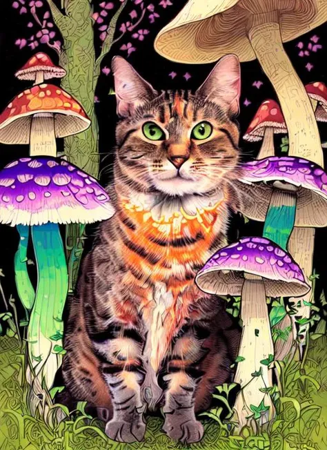 (((nkoctst))) surrounded by colorful mushrooms, art by sam spratt, dan mumford, artem demura and alphonse mucha, psychedelic, alex grey, in a forest, green eyes