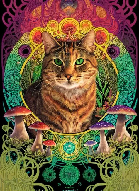 A portrait of a nkoctst surrounded by colorful mushrooms, art by sam spratt, dan mumford, artem demura and alphonse mucha, psychedelic, alex grey, sitting in a forest, green eyes