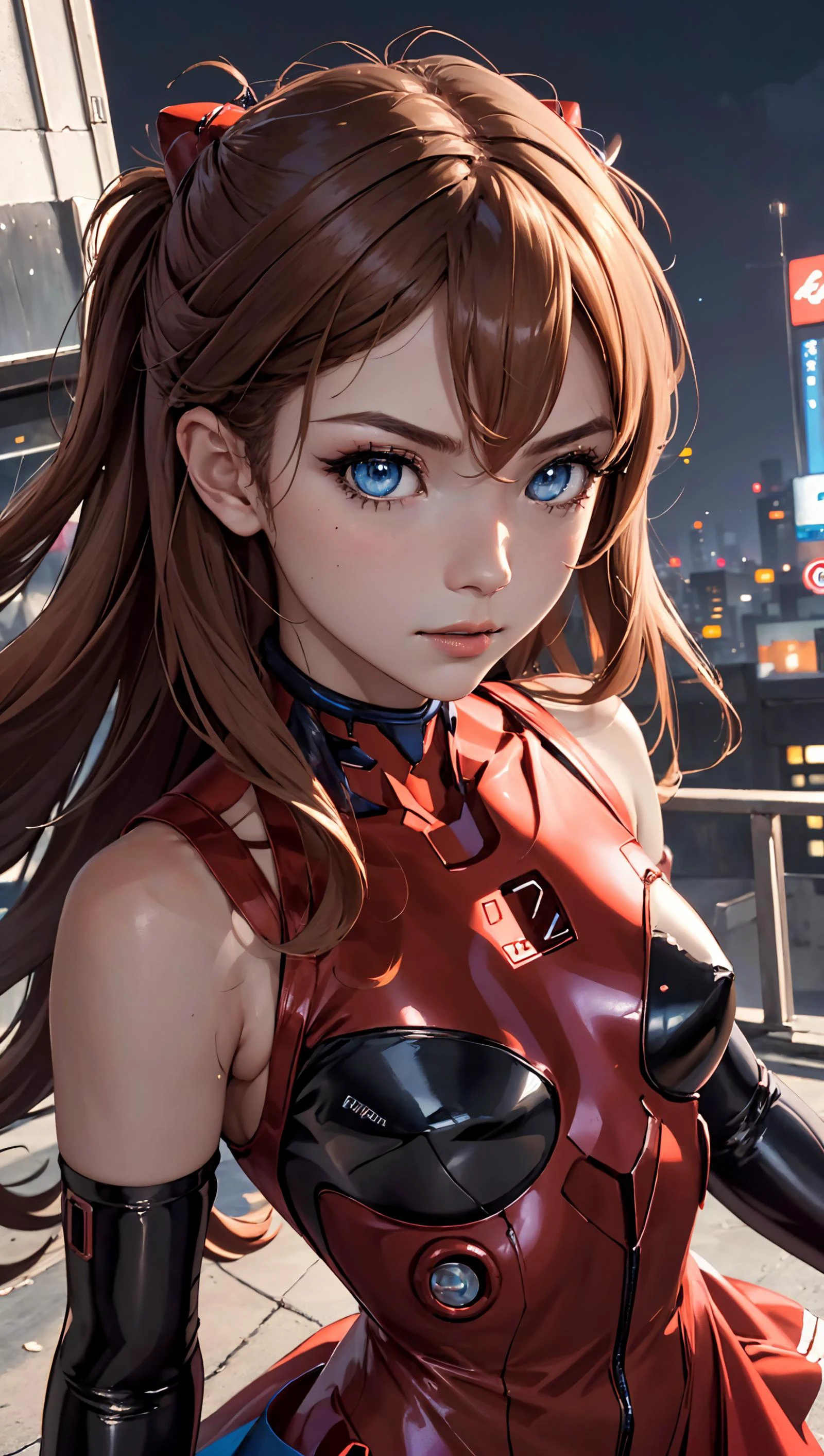 (professional photography, dutch angle, sharp focus), souryuu_asuka_langley, mature female, hair between eyes, long brown hair, blue eyes, (detailed face and eyes):1.2, remarkable eye color, perfect grd_body, red dress, unitard, elbow gloves, candid pose, cinematic scene, cyberpunk japan, rooftop, moon glow <lora:souryuu_asuka_langley:0.9> , <lora:grd:0.5>,
