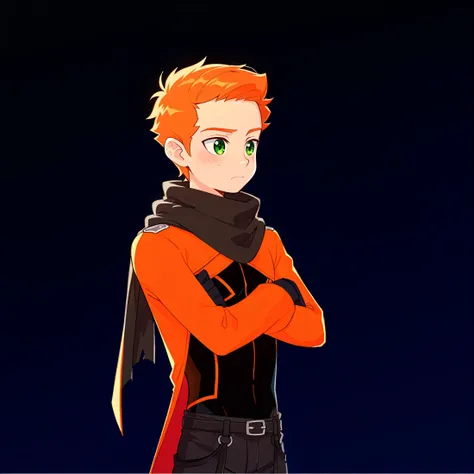 score_9, source_anime, masterpiece, best quality,amazing quality, best aesthetic, absurdres, BREAK 1boy, solo, finn, green eyes, (freckles:0.5), ginger hair, long orange jacket, black undershirt, black scarf, black gloves, black pants, orange stripes, front angle, arms crossed, (simple background, black background:1.2), <lora:FinnXLP2-000003:1>