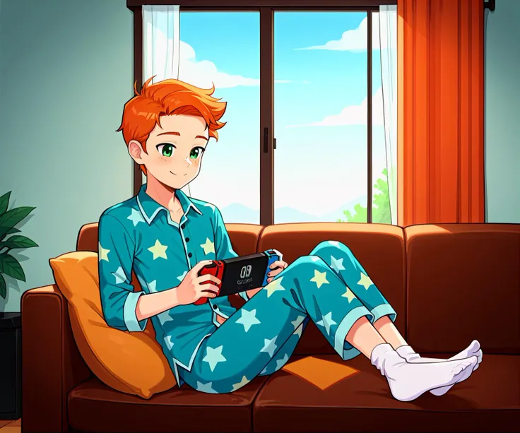 score_9, source_anime, masterpiece, best quality,amazing quality, best aesthetic, absurdres, BREAK 1boy, solo, finn, green eyes, freckles, ginger hair, sitting on couch, playing nintendo switch, living room, window, night time, curtains, wearing button up pajamas, star pattern prints, white socks, small smile, looking down, <lora:FinnXLP2-000003:0.8>