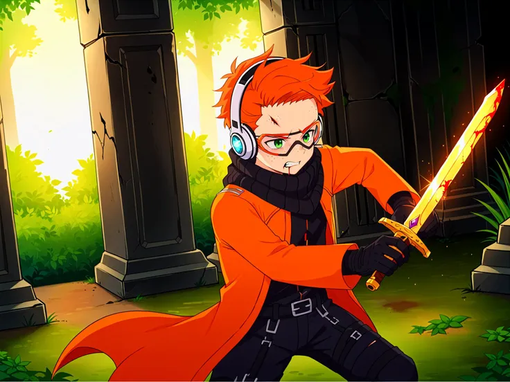 score_9, source_anime, masterpiece, best quality,amazing quality, best aesthetic, absurdres, BREAK 1boy, solo, finn, green eyes, freckles, ginger hair, orange jacket, black undershirt, black scarf, goggles, headphones, black gloves, black pants, orange stripes, holding short sword, spooky ruined castle, battling, injured, (bloody nose:1.2), ruins, dark theme, action pose, <lora:FinnXLP2-000003:1>