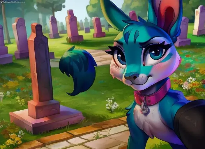 cervid, mammal, female, blue fur, white fur, countershading, young, feral, chibi, blue eyes, big eyes, selfie, looking at viewer, cemetery, tombstone, scut tail, phone, realistic lynx_littlepaws_pony,
<|startoftext|> by lunalei, by fivel, by bonifasko, by leonid afremov