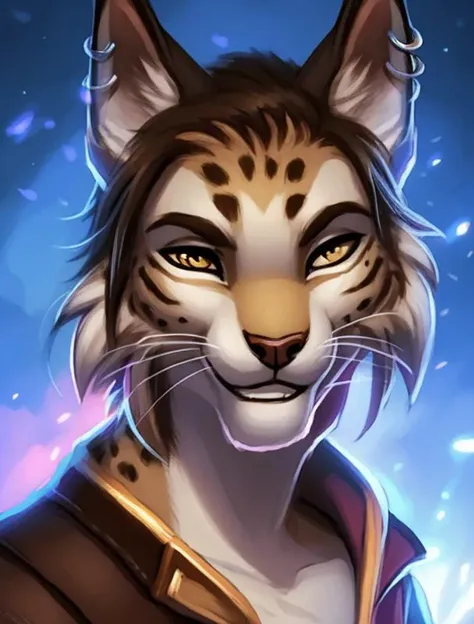 male khajiit, lynx, ear piercing, ear ring, detailed fur, smile, portrait, 4k <lora:Bara-10:1>
