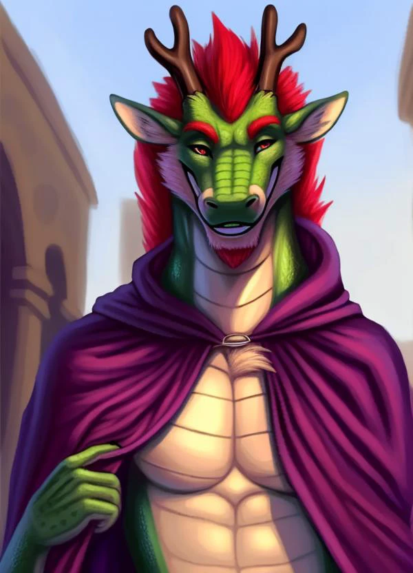 portrait, eastern dragon, smile, green scales, red hair, purple, intricate, gem, cloak, strong,  noon, on the street, crowded medieval city, bazar, aesthetic, elegant, [by pngx:photorealistic:0.2], masterpiece, detailed backgrund, 4k, sharp focus <lora:eastern dragon 1token:1>