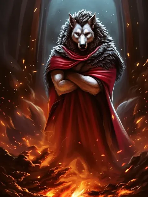 werewolf, fluffy mane, fluffy white fur, defiance512, detailed body, pecs, red cloak, standing, fire, depth of field, room, rim lighting, (best quality), (masterpiece), (ultra detailed)