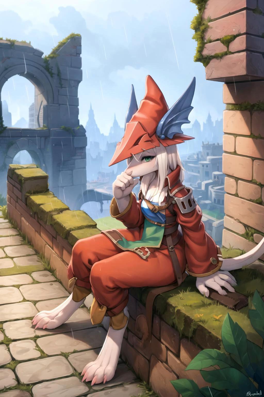 <lora:Fur FreyaFF:0.8> freya crescent (final fantasy), furry, solo, hat , white hair , green eyes , mouse tail , tail ribbon , snout
city , ruins , rain , brick road